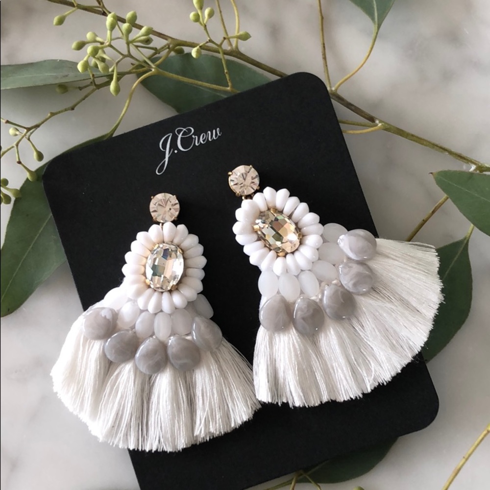 J Crew New Tassel Earrings White and Gray beads
